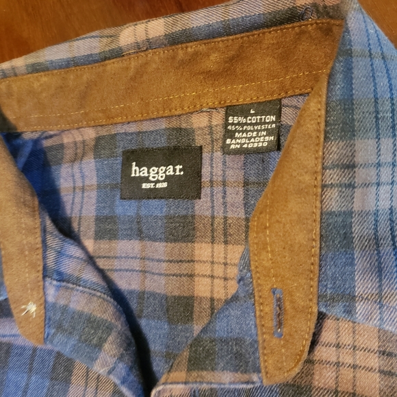 Haggar Mens Flannel Shirt Large Blue Brown Plaid Long Sleeve Button Up - Picture 2 of 7